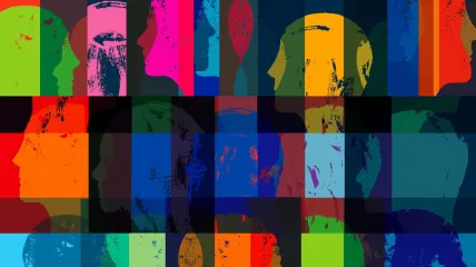 an abstract collage of colors and faces
